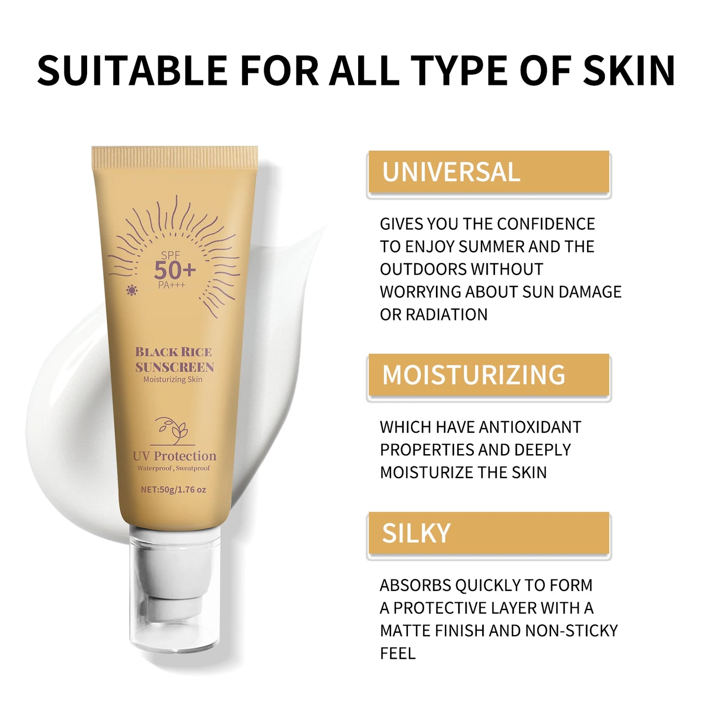 🖤 Crème Solaire au Riz Noir SPF50+ PA++++ – Protection Naturelle & Hydratation 🌞 (50g)