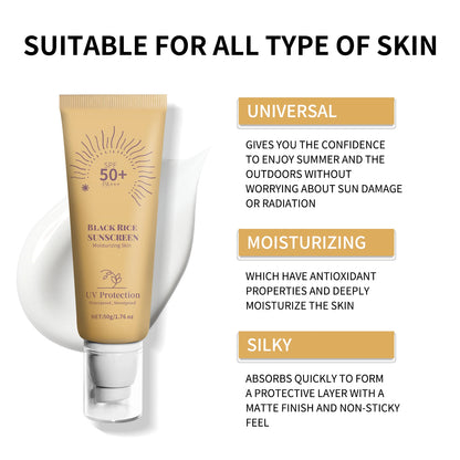 🖤 Crème Solaire au Riz Noir SPF50+ PA++++ – Protection Naturelle & Hydratation 🌞 (50g)