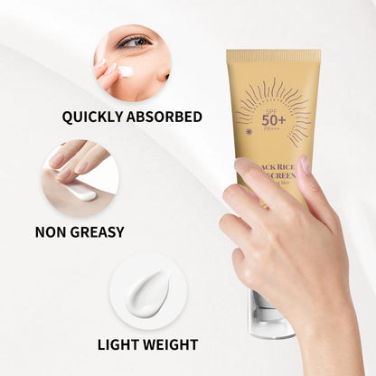 🖤 Crème Solaire au Riz Noir SPF50+ PA++++ – Protection Naturelle & Hydratation 🌞 (50g)