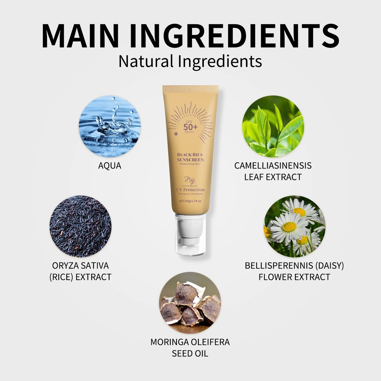 🖤 Crème Solaire au Riz Noir SPF50+ PA++++ – Protection Naturelle & Hydratation 🌞 (50g)